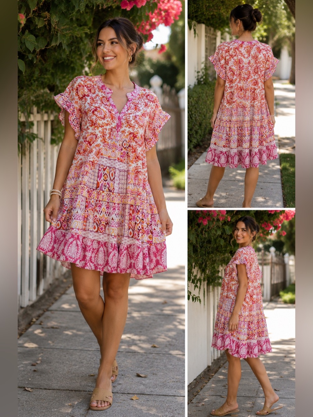 Umgee Boho Floral Paisley Tiered Ruffle Cottagecore Resort Flowy Tunic Dress L